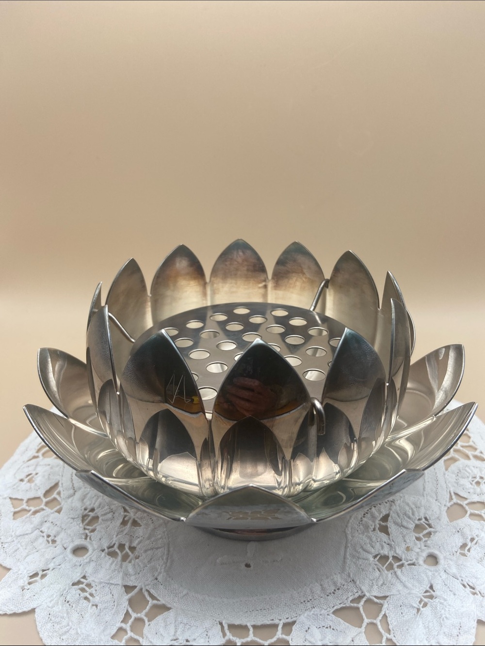 Vintage Reed & Barton Silver Plate 3 Piece Lotus Flower with Frog Bowl - Picture 5 of 13